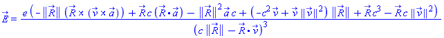 E_(X) = e*(-Physics:-Vectors:-Norm(R_)*Physics:-Vectors:-`&x`(R_, Physics:-Vectors:-`&x`(v_, a_))+R_*c*Physics:-Vectors:-`.`(R_, a_)-Physics:-Vectors:-Norm(R_)^2*a_*c+(-c^2*v_+v_*Physics:-Vectors:-Norm(v_)^2)*Physics:-Vectors:-Norm(R_)+R_*c^3-R_*c*Physics:-Vectors:-Norm(v_)^2)/(c*Physics:-Vectors:-Norm(R_)-Physics:-Vectors:-`.`(R_, v_))^3