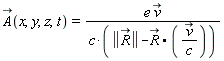 `#mover(mi("A"),mo("&rarr;"))`(x, y, z, t) = e*`#mover(mi("v"),mo("&rarr;"))`/(c*(LinearAlgebra[Norm](`#mover(mi("R"),mo("&rarr;"))`)-`#mover(mi("R"),mo("&rarr;"))`.(`#mover(mi("v"),mo("&rarr;"))`/c)))