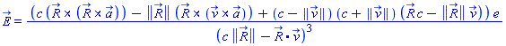 E_(X) = (c*Physics:-Vectors:-`&x`(R_, Physics:-Vectors:-`&x`(R_, a_))-Physics:-Vectors:-Norm(R_)*Physics:-Vectors:-`&x`(R_, Physics:-Vectors:-`&x`(v_, a_))+(c-Physics:-Vectors:-Norm(v_))*(c+Physics:-Vectors:-Norm(v_))*(R_*c-Physics:-Vectors:-Norm(R_)*v_))*e/(c*Physics:-Vectors:-Norm(R_)-Physics:-Vectors:-`.`(R_, v_))^3