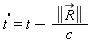 `#msup(mi("t"),mo("&apos;",fontweight = "bold"))` = t-LinearAlgebra[Norm](`#mover(mi("R"),mo("&rarr;"))`)/c