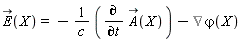 `#mover(mi("E"),mo("&rarr;"))`(X) = -(diff(`#mover(mi("A"),mo("&rarr;"))`(X), t))/c-%Gradient(`&varphi;`(X))