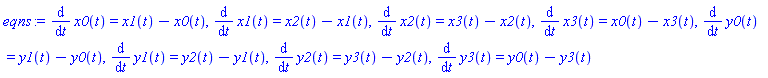 diff(x0(t), t) = x1(t)-x0(t), diff(x1(t), t) = x2(t)-x1(t), diff(x2(t), t) = x3(t)-x2(t), diff(x3(t), t) = x0(t)-x3(t), diff(y0(t), t) = y1(t)-y0(t), diff(y1(t), t) = y2(t)-y1(t), diff(y2(t), t) = y3(t)-y2(t), diff(y3(t), t) = y0(t)-y3(t)