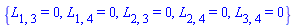 {L[1, 3] = 0, L[1, 4] = 0, L[2, 3] = 0, L[2, 4] = 0, L[3, 4] = 0}