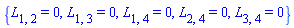 {L[1, 2] = 0, L[1, 3] = 0, L[1, 4] = 0, L[2, 4] = 0, L[3, 4] = 0}