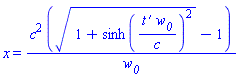 x = c^2*((1+sinh(`#mrow(mi("t"),mo("&prime;"))`*w__0/c)^2)^(1/2)-1)/w__0