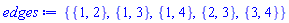 {{1, 2}, {1, 3}, {1, 4}, {2, 3}, {3, 4}}
