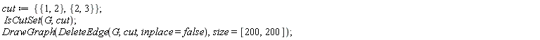 cut := {{1, 2}, {2, 3}}; IsCutSet(G, cut); DrawGraph(DeleteEdge(G, cut, inplace = false), size = [200, 200])