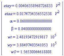 Matrix(7, 1, {(1, 1) = etay = 0.406358968726833e-2*V^2, (2, 1) = etaa = 0.174734356552538e-1*V^2, (3, 1) = alpha = 0.600000000000000e-1, (4, 1) = beta = .840000000000000, (5, 1) = wt = 248193.4729, (6, 1) = wy = 388497.4035, (7, 1) = w0 = 1.56530064618808})