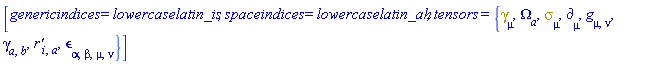 [genericindices = lowercaselatin_is, spaceindices = lowercaselatin_ah, tensors = {Physics:-Dgamma[mu], Omega[a], Physics:-Psigma[mu], Physics:-d_[mu], Physics:-g_[mu, nu], Physics:-gamma_[a, b], `r'`[i, a], Physics:-LeviCivita[alpha, beta, mu, nu]}]