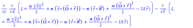 %diff(%diff(L = (1/2)*m*Physics:-Vectors:-Norm(v_(t))^2+m*Physics:-Vectors:-`.`(v_(t), Physics:-Vectors:-`&x`(Omega_(t), r_(t)))-m*Physics:-Vectors:-`.`(r_(t), W_(t))+(1/2)*m*Physics:-`^`(Physics:-Vectors:-`&x`(Omega_(t), r_(t)), 2)-U(r_(t)), v_(t)), t)-%diff(L = (1/2)*m*Physics:-Vectors:-Norm(v_(t))^2+m*Physics:-Vectors:-`.`(v_(t), Physics:-Vectors:-`&x`(Omega_(t), r_(t)))-m*Physics:-Vectors:-`.`(r_(t), W_(t))+(1/2)*m*Physics:-`^`(Physics:-Vectors:-`&x`(Omega_(t), r_(t)), 2)-U(r_(t)), r_(t))