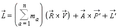 `#mover(mi("L"),mo("&rarr;"))` = (Sum(m[a], a = 1 .. n))*`&x`(`#mover(mi("R"),mo("&rarr;"))`, `#mover(mi("V"),mo("&rarr;"))`)+`&x`(`#mover(mi("A"),mo("&rarr;"))`, `#mover(mi("P'"),mo("&rarr;"))`)+`#mover(mi("L'"),mo("&rarr;"))`