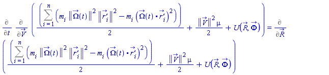 %diff(%diff((1/2)*(Sum(m[i]*Physics:-Vectors:-Norm(Omega_(t))^2*Physics:-Vectors:-Norm(`r'_`[i])^2-m[i]*Physics:-Vectors:-`.`(Omega_(t), `r'_`[i])^2, i = 1 .. n))+(1/2)*Physics:-Vectors:-Norm(V_(t))^2*mu+U(R_(t), Phi_(t)), V_(t)), t) = %diff((1/2)*(Sum(m[i]*Physics:-Vectors:-Norm(Omega_(t))^2*Physics:-Vectors:-Norm(`r'_`[i])^2-m[i]*Physics:-Vectors:-`.`(Omega_(t), `r'_`[i])^2, i = 1 .. n))+(1/2)*Physics:-Vectors:-Norm(V_(t))^2*mu+U(R_(t), Phi_(t)), R_(t))