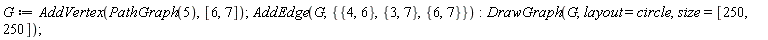 G := AddVertex(PathGraph(5), [6, 7]); AddEdge(G, {{3, 7}, {4, 6}, {6, 7}}); DrawGraph(G, layout = circle, size = [250, 250])