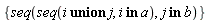 {seq(seq(`union`(i, j), `in`(i, a)), `in`(j, b))}