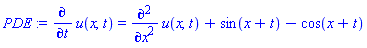 diff(u(x, t), t) = diff(diff(u(x, t), x), x)+sin(x+t)-cos(x+t)