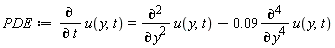 PDE := diff(u(y, t), t) = diff(u(y, t), y, y)-0.9e-1*(diff(u(y, t), y, y, y, y))