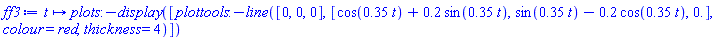 proc (t) options operator, arrow; plots:-display([plottools:-line([0, 0, 0], [cos(.35*t)+.2*sin(.35*t), sin(.35*t)-.2*cos(.35*t), 0.], colour = red, thickness = 4)]) end proc