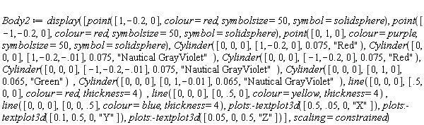 Body2 := display([point([1, -.2, 0], colour = red, symbolsize = 50, symbol = solidsphere), point([-1, -.2, 0], colour = red, symbolsize = 50, symbol = solidsphere), point([0, 1, 0], colour = purple, symbolsize = 50, symbol = solidsphere), Cylinder([0, 0, 0], [1, -.2, 0], 0.75e-1, "Red"), Cylinder([0, 0, 0], [1, -.2, -0.1e-1], 0.75e-1, "Nautical GrayViolet"), Cylinder([0, 0, 0], [-1, -.2, 0], 0.75e-1, "Red"), Cylinder([0, 0, 0], [-1, -.2, -0.1e-1], 0.75e-1, "Nautical GrayViolet"), Cylinder([0, 0, 0], [0, 1, 0], 0.65e-1, "Green"), Cylinder([0, 0, 0], [0, 1, -0.1e-1], 0.65e-1, "Nautical GrayViolet"), line([0, 0, 0], [.5, 0, 0], colour = red, thickness = 4), line([0, 0, 0], [0, .5, 0], colour = yellow, thickness = 4), line([0, 0, 0], [0, 0, .5], colour = blue, thickness = 4), plots:-textplot3d([.5, 0.5e-1, 0, "X"]), plots:-textplot3d([.1, .5, 0, "Y"]), plots:-textplot3d([0.5e-1, 0, .5, "Z"])], scaling = constrained)
