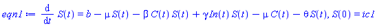 diff(S(t), t) = b-mu*S(t)-beta*C(t)*S(t)+gamma*In(t)*S(t)-mu*C(t)-theta*S(t), S(0) = ic1