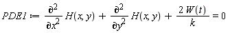 PDE1 := diff(H(x, y), x, x)+diff(H(x, y), y, y)+2*W(t)/k = 0