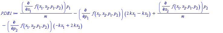 (diff(f(x[1], x[2], p[1], p[2]), x[1]))*p[1]/m-(diff(f(x[1], x[2], p[1], p[2]), p[1]))*(2*k*x[1]-k*x[2])+(diff(f(x[1], x[2], p[1], p[2]), x[2]))*p[2]/m-(diff(f(x[1], x[2], p[1], p[2]), p[2]))*(-k*x[1]+2*k*x[2])