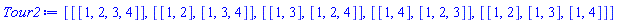 [[[1, 2, 3, 4]], [[1, 2], [1, 3, 4]], [[1, 3], [1, 2, 4]], [[1, 4], [1, 2, 3]], [[1, 2], [1, 3], [1, 4]]]