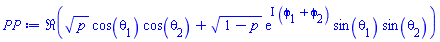 Re(p^(1/2)*cos(theta[1])*cos(theta[2])+(1-p)^(1/2)*exp(I*(phi[1]+phi[2]))*sin(theta[1])*sin(theta[2]))