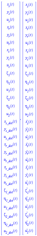 Vector(30, {(1) = x__s(t), (2) = y__s(t), (3) = u__s(t), (4) = x__r(t), (5) = y__r(t), (6) = u__r(t), (7) = x__c(t), (8) = y__c(t), (9) = u__c(t), (10) = `&zeta;__1`(t), (11) = `&eta;__1`(t), (12) = u__1(t), (13) = `&zeta;__2`(t), (14) = `&eta;__2`(t), (15) = u__2(t), (16) = x__s_dot(t), (17) = y__s_dot(t), (18) = u__s_dot(t), (19) = x__r_dot(t), (20) = y__r_dot(t), (21) = u__r_dot(t), (22) = x__c_dot(t), (23) = y__c_dot(t), (24) = u__c_dot(t), (25) = `&zeta;__1_dot`(t), (26) = `&eta;__1_dot`(t), (27) = u__1_dot(t), (28) = `&zeta;__2_dot`(t), (29) = `&eta;__2_dot`(t), (30) = u__2_dot(t)}), Vector(30, {(1) = x__s(t), (2) = y__s(t), (3) = u__s(t), (4) = x__r(t), (5) = y__r(t), (6) = u__r(t), (7) = x__c(t), (8) = y__c(t), (9) = u__c(t), (10) = `&zeta;__1`(t), (11) = `&eta;__1`(t), (12) = u__1(t), (13) = `&zeta;__2`(t), (14) = `&eta;__2`(t), (15) = u__2(t), (16) = diff(x__s(t), t), (17) = diff(y__s(t), t), (18) = diff(u__s(t), t), (19) = diff(x__r(t), t), (20) = diff(y__r(t), t), (21) = diff(u__r(t), t), (22) = diff(x__c(t), t), (23) = diff(y__c(t), t), (24) = diff(u__c(t), t), (25) = diff(`&zeta;__1`(t), t), (26) = diff(`&eta;__1`(t), t), (27) = diff(u__1(t), t), (28) = diff(`&zeta;__2`(t), t), (29) = diff(`&eta;__2`(t), t), (30) = diff(u__2(t), t)})