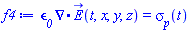 epsilon__0*Physics:-Vectors:-Divergence(E_(t, x, y, z)) = sigma__p(t)