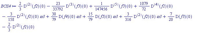 (2/3)*((D@@2)(f2))(0)-(23/33792)*((D@@3)(f3))(0)+(1/147456)*((D@@5)(f3))(0)+(1079/72)*((D@@4)(f1))(0)-(3/158)*((D@@2)(f1))(0)*omega3+(30/79)*(D(f4))(0)*omega3+(15/79)*(D(f5))(0)*omega3+(3/316)*((D@@2)(f2))(0)*omega3+(7/20)*(D(f3))(0)-(2/3)*((D@@2)(f1))(0)