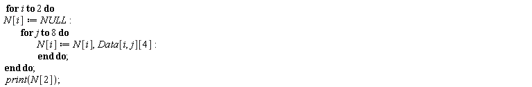 for i to 2 do N[i] := NULL; for j to 8 do N[i] := N[i], Data[i, j][4] end do end do; print(N[2])