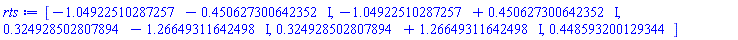 [-1.04922510287257-.450627300642352*I, -1.04922510287257+.450627300642352*I, .324928502807894-1.26649311642498*I, .324928502807894+1.26649311642498*I, .448593200129344]