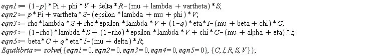 eqn1 := (1-p)*Pi+phi*V+delta*R-(mu+lambda+vartheta)*S;