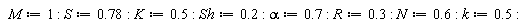 M := 1; S := .78; K := .5; Sh := .2; alpha := .7; R := .3; N := .6; k := .5