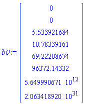 b0 := Matrix(8, 1, {(1, 1) = 0, (2, 1) = 0, (3, 1) = 5.533921684, (4, 1) = 10.78339161, (5, 1) = 69.22208674, (6, 1) = 96372.14332, (7, 1) = 0.5649990671e13, (8, 1) = 0.2063418920e32})