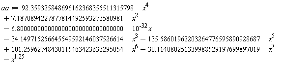 aa := 92.359325848696162368355511315798*x^4+7.1870894227877814492593273580981*x^2-6.8000000000000000000000000000000*10^(-32)*x-34.149715256645549592146037526614*x^3-135.58601962203264776595890928687*x^5+101.25962748430115463423633295054*x^6-30.114080251339988529197699897019*x^7-x^1.25