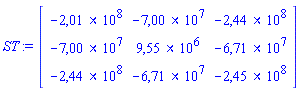 ST := Matrix(3, 3, {(1, 1) = -2.01*100000000, (1, 2) = -7.00*10000000, (1, 3) = -2.44*100000000, (2, 1) = -7.00*10000000, (2, 2) = 9.55*1000000, (2, 3) = -6.71*10000000, (3, 1) = -2.44*100000000, (3, 2) = -6.71*10000000, (3, 3) = -2.45*100000000})