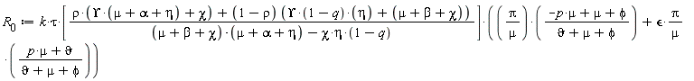 R[0] := k*tau*[(rho*(Upsilon*(mu+alpha+eta)+chi)+(1-rho)*(Upsilon*(1-q)*eta+mu+beta+chi))/((mu+beta+chi)*(mu+alpha+eta)-chi*eta*(1-q))]*(Pi*(-mu*p+mu+phi)/(mu*(vartheta+mu+phi))+epsilon*Pi*(mu*p+vartheta)/(mu*(vartheta+mu+phi)))