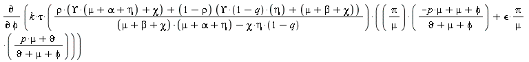 diff(k*tau*(rho*(Upsilon*(mu+alpha+eta)+chi)+(1-rho)*(Upsilon*(1-q)*eta+mu+beta+chi))*(Pi*(-mu*p+mu+phi)/(mu*(`&vartheta;`+mu+phi))+`&epsilon;`*Pi*(mu*p+`&vartheta;`)/(mu*(`&vartheta;`+mu+phi)))/((mu+beta+chi)*(mu+alpha+eta)-chi*eta*(1-q)), phi)