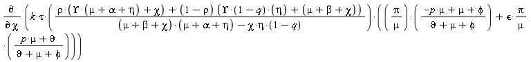 diff(k*tau*(rho*(Upsilon*(mu+alpha+eta)+chi)+(1-rho)*(Upsilon*(1-q)*eta+mu+beta+chi))*(Pi*(-mu*p+mu+phi)/(mu*(`&vartheta;`+mu+phi))+`&epsilon;`*Pi*(mu*p+`&vartheta;`)/(mu*(`&vartheta;`+mu+phi)))/((mu+beta+chi)*(mu+alpha+eta)-chi*eta*(1-q)), chi)