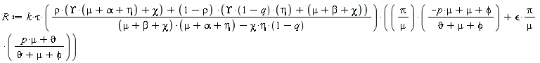 R := k*tau*(rho*(Upsilon*(mu+alpha+eta)+chi)+(1-rho)*(Upsilon*(1-q)*eta+mu+beta+chi))*(Pi*(-mu*p+mu+phi)/(mu*(vartheta+mu+phi))+epsilon*Pi*(mu*p+vartheta)/(mu*(vartheta+mu+phi)))/((mu+beta+chi)*(mu+alpha+eta)-chi*eta*(1-q))