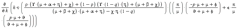 diff(k*tau*(rho*(Upsilon*(mu+alpha+eta)+chi)+(1-rho)*(Upsilon*(1-q)*eta+mu+beta+chi))*(Pi*(-mu*p+mu+phi)/(mu*(`&vartheta;`+mu+phi))+`&epsilon;`*Pi*(mu*p+`&vartheta;`)/(mu*(`&vartheta;`+mu+phi)))/((mu+beta+chi)*(mu+alpha+eta)-chi*eta*(1-q)), k)