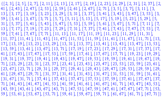 {[2, 3], [2, 5], [2, 7], [2, 11], [2, 13], [2, 17], [2, 19], [2, 23], [2, 29], [2, 31], [2, 37], [2, 41], [2, 43], [2, 47], [2, 53], [2, 59], [2, 61], [2, 67], [2, 71], [3, 5], [3, 7], [3, 11], [3, 13], [3, 17], [3, 19], [3, 23], [3, 29], [3, 31], [3, 37], [3, 41], [3, 43], [3, 47], [3, 53], [3, 59], [3, 61], [3, 67], [3, 71], [5, 7], [5, 11], [5, 13], [5, 17], [5, 19], [5, 23], [5, 29], [5, 31], [5, 37], [5, 41], [5, 43], [5, 47], [5, 53], [5, 59], [5, 61], [5, 67], [5, 71], [7, 11], [7, 13], [7, 17], [7, 19], [7, 23], [7, 29], [7, 31], [7, 37], [7, 41], [7, 43], [7, 47], [7, 53], [7, 59], [7, 61], [7, 67], [7, 71], [11, 13], [11, 17], [11, 19], [11, 23], [11, 29], [11, 31], [11, 37], [11, 41], [11, 43], [11, 47], [11, 53], [11, 59], [11, 61], [11, 67], [11, 71], [13, 17], [13, 19], [13, 23], [13, 29], [13, 31], [13, 37], [13, 41], [13, 43], [13, 47], [13, 53], [13, 59], [13, 61], [13, 67], [13, 71], [17, 19], [17, 23], [17, 29], [17, 31], [17, 37], [17, 41], [17, 43], [17, 47], [17, 53], [17, 59], [17, 61], [17, 67], [17, 71], [19, 23], [19, 29], [19, 31], [19, 37], [19, 41], [19, 43], [19, 47], [19, 53], [19, 59], [19, 61], [19, 67], [19, 71], [23, 29], [23, 31], [23, 37], [23, 41], [23, 43], [23, 47], [23, 53], [23, 59], [23, 61], [23, 67], [23, 71], [29, 31], [29, 37], [29, 41], [29, 43], [29, 47], [29, 53], [29, 59], [29, 61], [29, 67], [29, 71], [31, 37], [31, 41], [31, 43], [31, 47], [31, 53], [31, 59], [31, 61], [31, 67], [31, 71], [37, 41], [37, 43], [37, 47], [37, 53], [37, 59], [37, 61], [37, 67], [37, 71], [41, 43], [41, 47], [41, 53], [41, 59], [41, 61], [41, 67], [41, 71], [43, 47], [43, 53], [43, 59], [43, 61], [43, 67], [43, 71], [47, 53], [47, 59], [47, 61], [47, 67], [47, 71], [53, 59], [53, 61], [53, 67], [53, 71], [59, 61], [59, 67], [59, 71], [61, 67], [61, 71], [67, 71]}