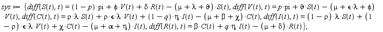 sys := {diff(C(t), t) = rho*lambda*S(t)+rho*`&epsilon;`*lambda*V(t)+(1-q)*eta*I(t)-(mu+beta+chi)*C(t), diff(I(t), t) = (1-rho)*lambda*S(t)+(1-rho)*`&epsilon;`*lambda*V(t)+chi*C(t)-(mu+alpha+eta)*I(t), diff(R(t), t) = beta*C(t)+q*eta*I(t)-(mu+delta)*R(t), diff(S(t), t) = (1-p)*pi+phi*V(t)+delta*R(t)-(mu+lambda+`&vartheta;`)*S(t), diff(V(t), t) = p*pi+`&vartheta;`*S(t)-(lambda*`&epsilon;`+mu+phi)*V(t)}