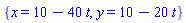 {x = 10-40*t, y = 10-20*t}