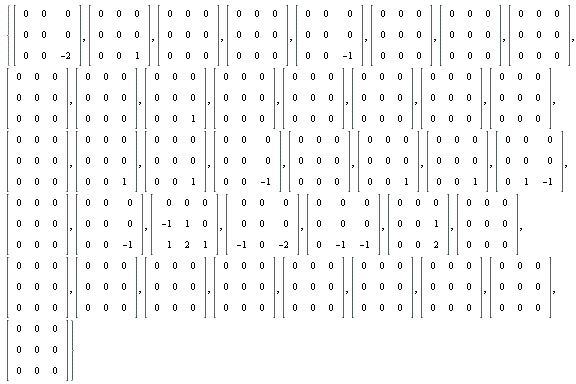 {Matrix(3, 3, {(1, 1) = 0, (1, 2) = 0, (1, 3) = 0, (2, 1) = 0, (2, 2) = 0, (2, 3) = 0, (3, 1) = 0, (3, 2) = 0, (3, 3) = -2}), Matrix(3, 3, {(1, 1) = 0, (1, 2) = 0, (1, 3) = 0, (2, 1) = 0, (2, 2) = 0, (2, 3) = 0, (3, 1) = 0, (3, 2) = 0, (3, 3) = 1}), Matrix(3, 3, {(1, 1) = 0, (1, 2) = 0, (1, 3) = 0, (2, 1) = 0, (2, 2) = 0, (2, 3) = 0, (3, 1) = 0, (3, 2) = 0, (3, 3) = 0}), Matrix(3, 3, {(1, 1) = 0, (1, 2) = 0, (1, 3) = 0, (2, 1) = 0, (2, 2) = 0, (2, 3) = 0, (3, 1) = 0, (3, 2) = 0, (3, 3) = -1}), Matrix(3, 3, {(1, 1) = 0, (1, 2) = 0, (1, 3) = 0, (2, 1) = 0, (2, 2) = 0, (2, 3) = 0, (3, 1) = 0, (3, 2) = 1, (3, 3) = -1}), Matrix(3, 3, {(1, 1) = 0, (1, 2) = 0, (1, 3) = 0, (2, 1) = -1, (2, 2) = 1, (2, 3) = 0, (3, 1) = 1, (3, 2) = 2, (3, 3) = 1}), Matrix(3, 3, {(1, 1) = 0, (1, 2) = 0, (1, 3) = 0, (2, 1) = 0, (2, 2) = 0, (2, 3) = 0, (3, 1) = -1, (3, 2) = 0, (3, 3) = -2}), Matrix(3, 3, {(1, 1) = 0, (1, 2) = 0, (1, 3) = 0, (2, 1) = 0, (2, 2) = 0, (2, 3) = 0, (3, 1) = 0, (3, 2) = -1, (3, 3) = -1}), Matrix(3, 3, {(1, 1) = 0, (1, 2) = 0, (1, 3) = 0, (2, 1) = 0, (2, 2) = 0, (2, 3) = 1, (3, 1) = 0, (3, 2) = 0, (3, 3) = 2})}