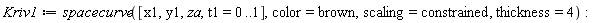 Kriv1 := spacecurve([x1, y1, za, t1 = 0 .. 1], color = brown, scaling = constrained, thickness = 4)
