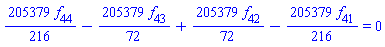 (205379/216)*f[44]-(205379/72)*f[43]+(205379/72)*f[42]-(205379/216)*f[41] = 0