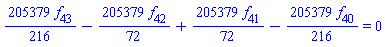 (205379/216)*f[43]-(205379/72)*f[42]+(205379/72)*f[41]-(205379/216)*f[40] = 0