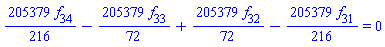(205379/216)*f[34]-(205379/72)*f[33]+(205379/72)*f[32]-(205379/216)*f[31] = 0